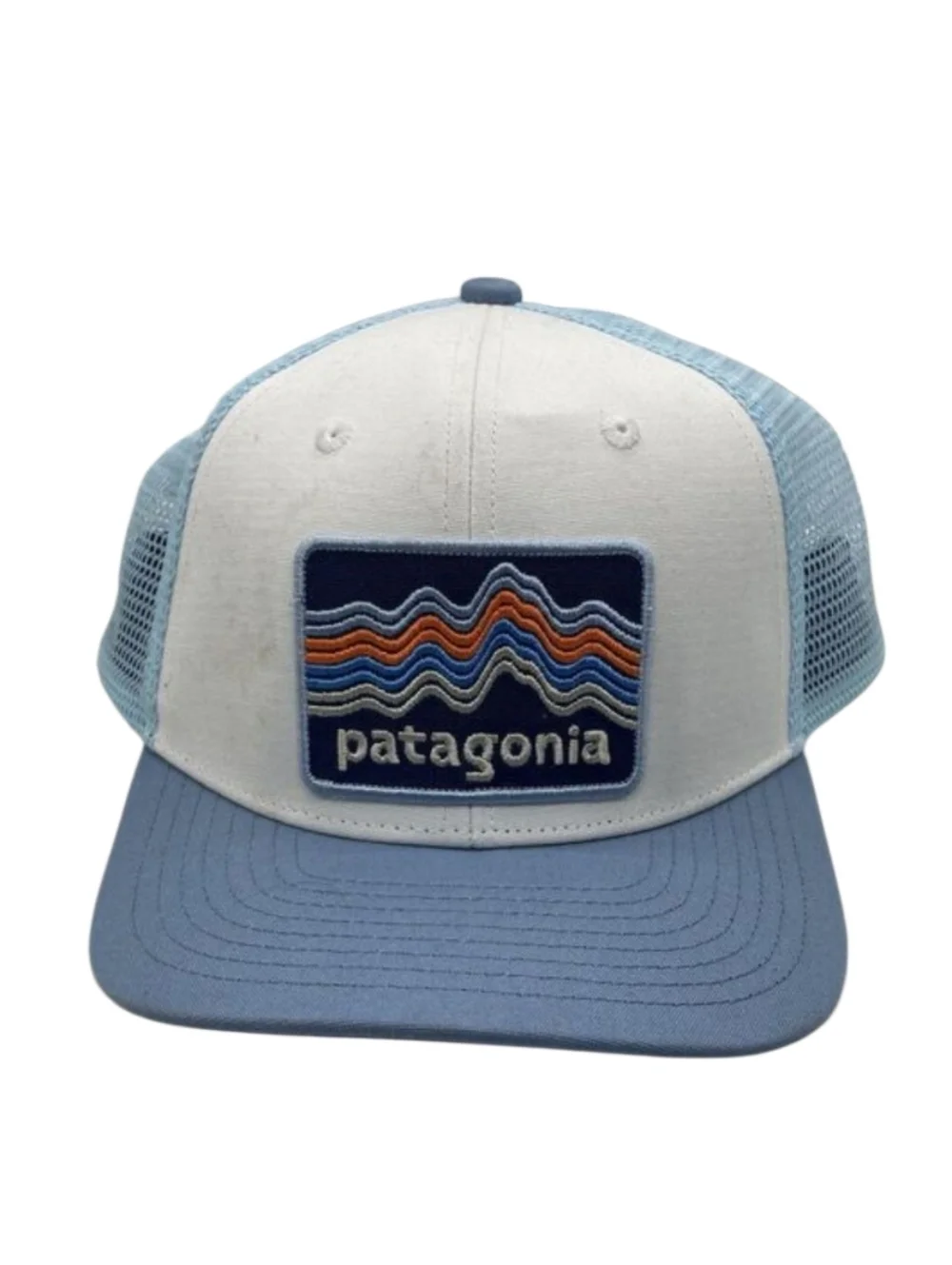 Patagonia Two-Tone Light Blue and White Mesh Kids Trucker Hat Organic Womens